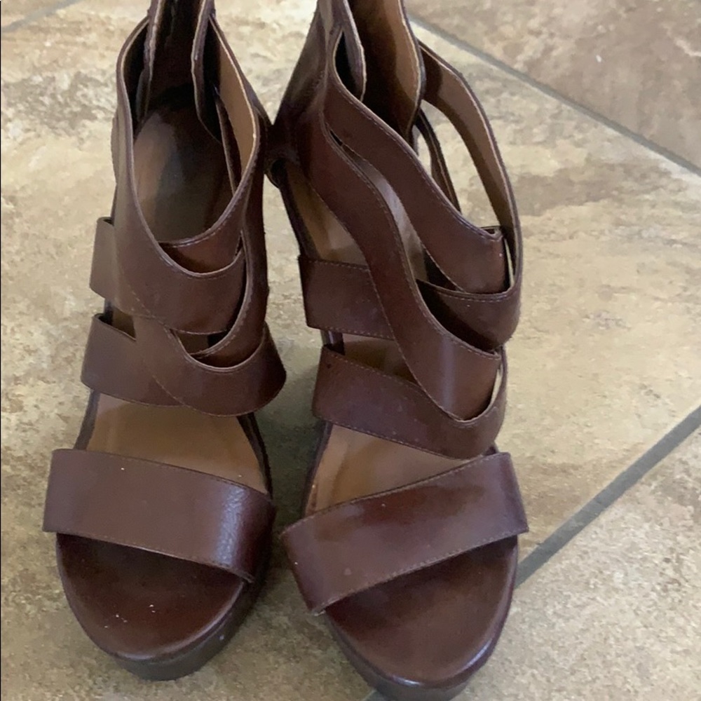 Brown strapped wedge heels